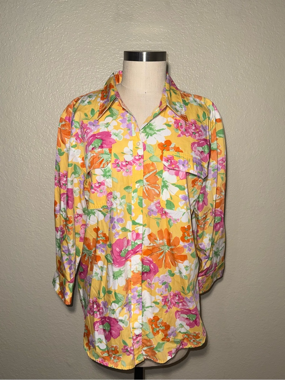 Chaps Classics Yellow Floral 100% Cotton Button Front Shirt Blouse XL